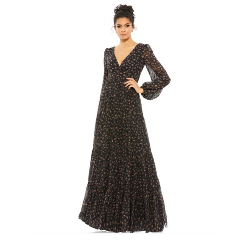 New Mac Duggal Size 2 Black Floral 55431 Peasant Maxi Dress Flowy Cottagecore - Picture 2 of 13